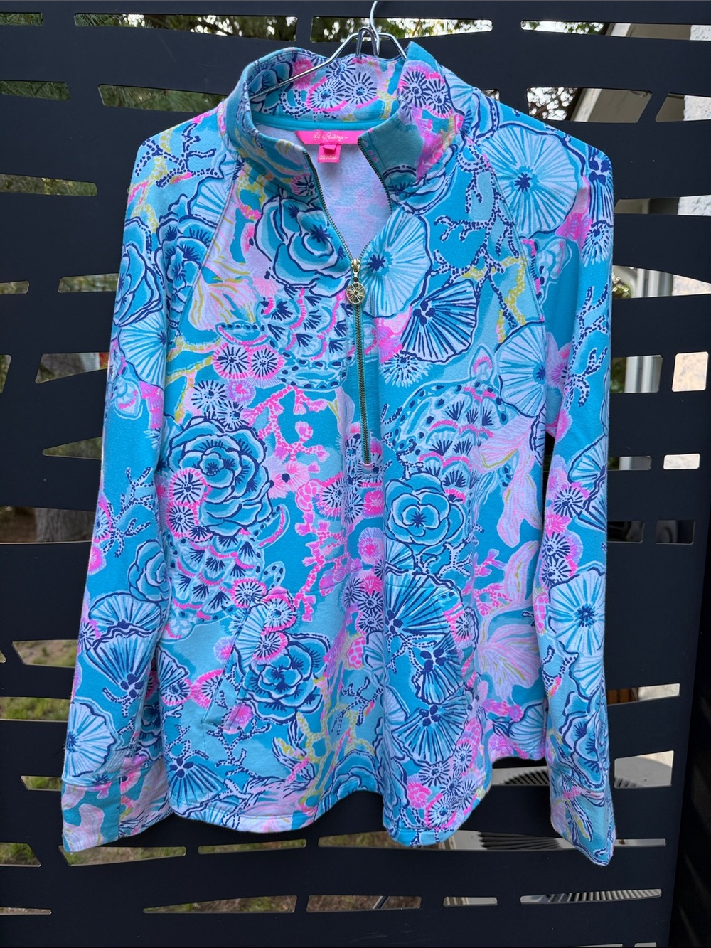 Lilly Pulitzer Turquoise Floral Half-Zip Pullover with Pink Accents